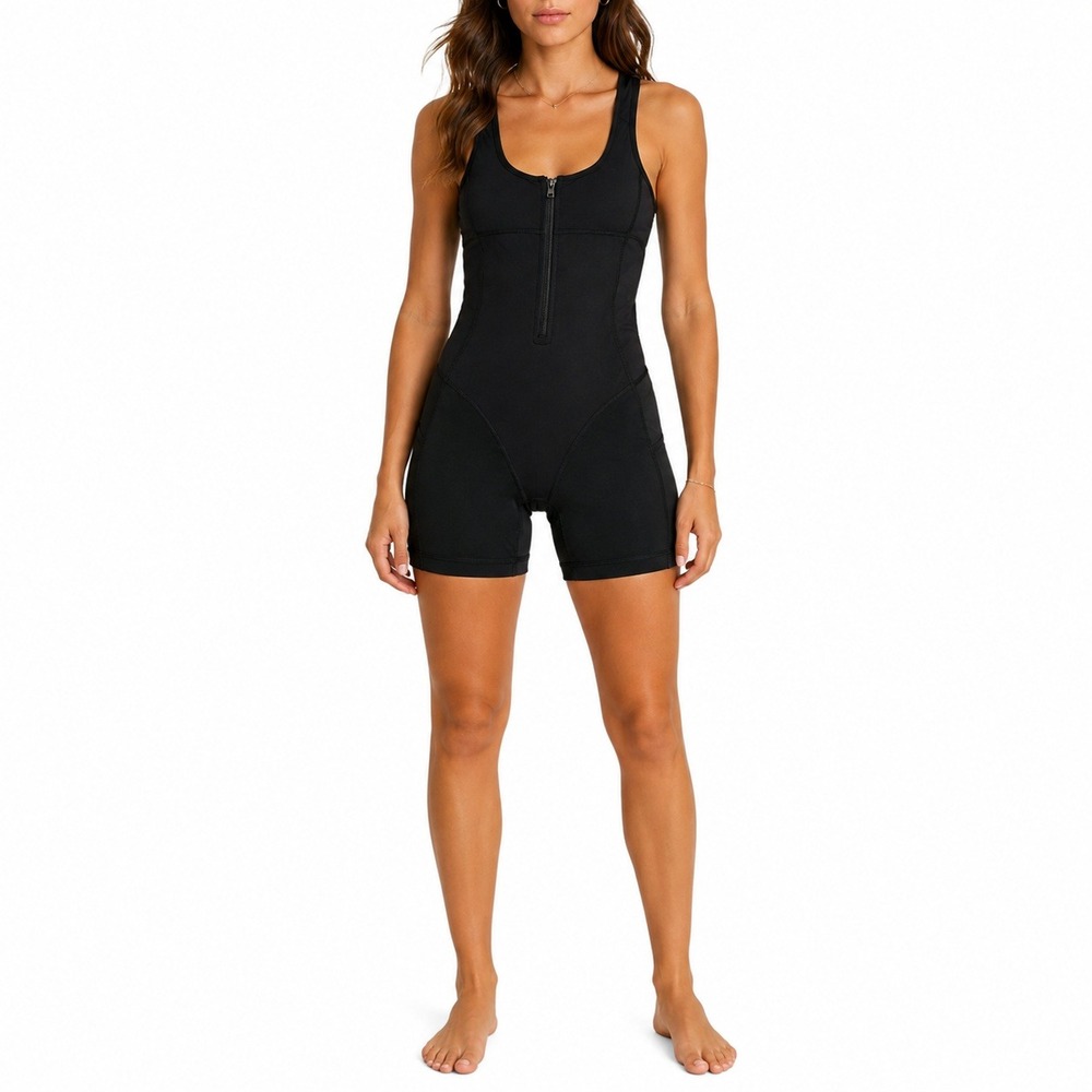 She's Waisted Shapewear Romper Women Small Black Front Zip Racerback Pockets